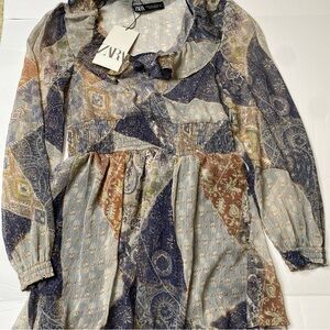 Zara Dress Women’s XS Multicolor Patchwork Boho Ruffle Sheer Long Sleeve NWT